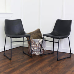 Side Chairs, Set of 2, Black Faux Leather, Black Steel Legs