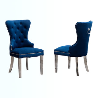 Side Chairs, Set of 2, Blue Velvet, Chrome Metal Legs