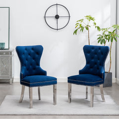 Side Chairs, Set of 2, Blue Velvet, Chrome Metal Legs