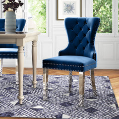 Side Chairs, Set of 2, Blue Velvet, Chrome Metal Legs