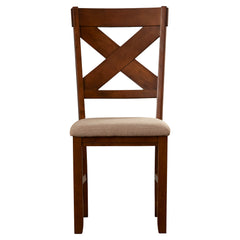 Side Chairs, Set of 2, Brown Solid Wood with Cross Back and Upholstered Seat