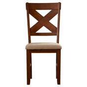 Side Chairs, Set of 2, Brown Solid Wood with Cross Back and Upholstered Seat