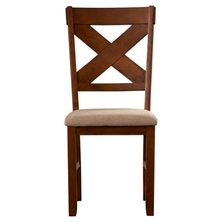 Side Chairs, Set of 2, Brown Solid Wood with Cross Back and Upholstered Seat