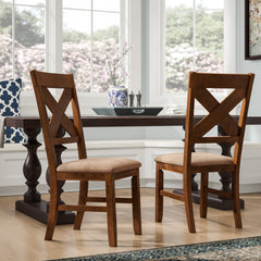 Side Chairs, Set of 2, Brown Solid Wood with Cross Back and Upholstered Seat