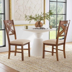 Side Chairs, Set of 2, Brown Solid Wood with Cross Back and Upholstered Seat