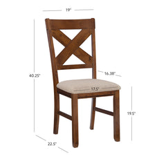 Side Chairs, Set of 2, Brown Solid Wood with Cross Back and Upholstered Seat