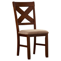 Side Chairs, Set of 2, Brown Solid Wood with Cross Back and Upholstered Seat