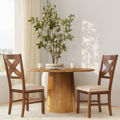 Side Chairs, Set of 2, Brown Solid Wood with Cross Back and Upholstered Seat