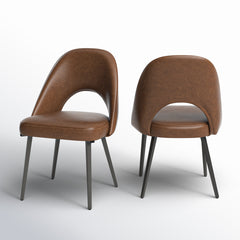 Side Chairs, Set of 2, Brown Upholstered, Matte Black Metal Legs