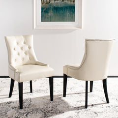 Side Chairs, Set of 2, Cream Upholstered with Rustic Black Birch Legs