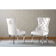 Side Chairs, Set of 2, Faux Leather, Silver Metal Legs