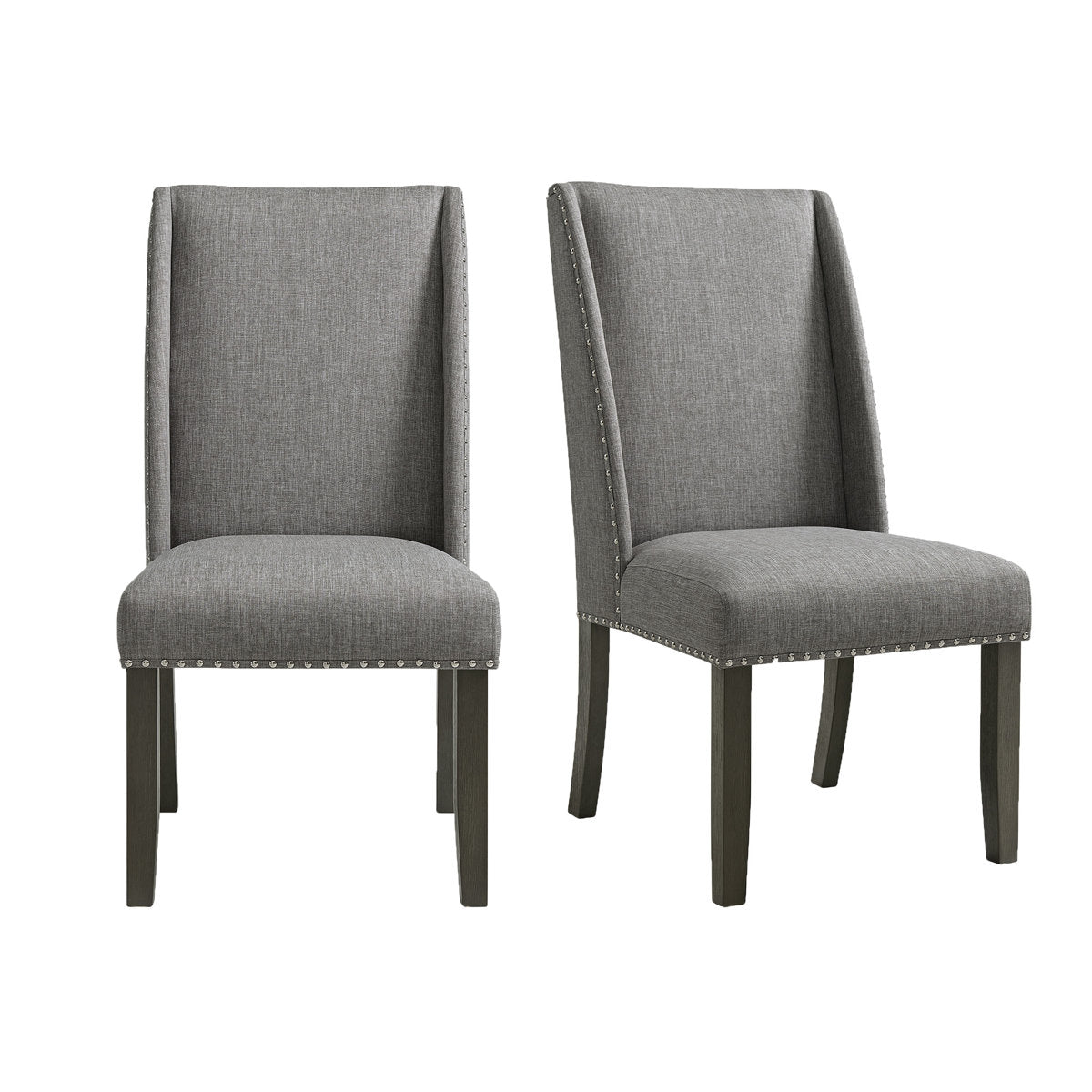 Side Chairs, Set of 2, Gray Polyester Upholstery, Silver Nailhead Trim