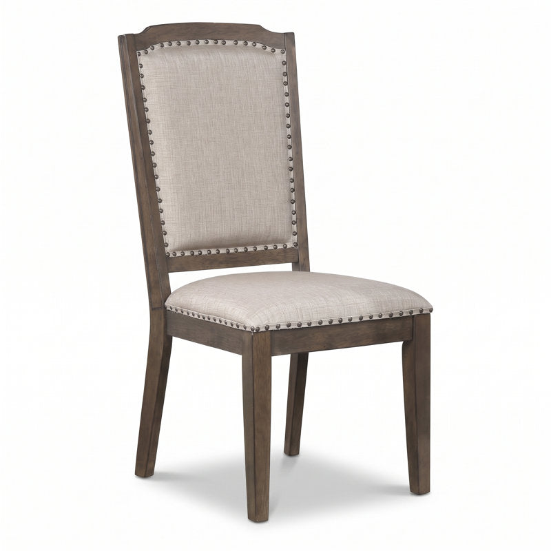 Side Chairs, Set of 2, Natural Linen Blend Upholstery, Brown Rubberwood Legs