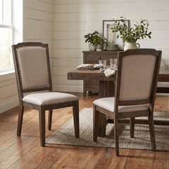 Side Chairs, Set of 2, Natural Linen Blend Upholstery, Brown Rubberwood Legs