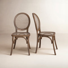 Side Chairs, Set of 2, Rattan and Solid Elm Wood, Brown