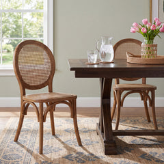 Side Chairs, Set of 2, Rattan and Solid Elm Wood, Brown