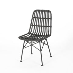 Side Chairs, Set of 2, Rattan Frame, Black Metal Legs