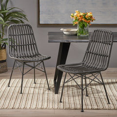 Side Chairs, Set of 2, Rattan Frame, Black Metal Legs