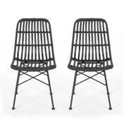 Side Chairs, Set of 2, Rattan Frame, Black Metal Legs