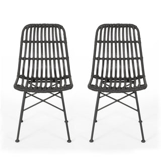 Side Chairs, Set of 2, Rattan Frame, Black Metal Legs