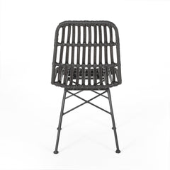 Side Chairs, Set of 2, Rattan Frame, Black Metal Legs