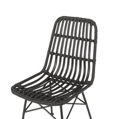 Side Chairs, Set of 2, Rattan Frame, Black Metal Legs