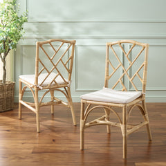 Side Chairs, Set of 2, Rattan with Padded Seat in Natural