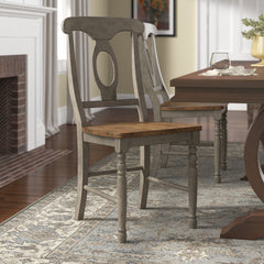 Side Chairs, Set of 2, Solid Rubberwood, Queen Anne Back, Gray/Brown