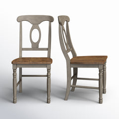 Side Chairs, Set of 2, Solid Rubberwood, Queen Anne Back, Gray/Brown