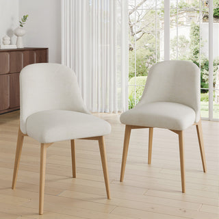 Side Chairs, Set of 2, White Fabric, Natural Wood Legs
