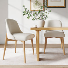 Side Chairs, Set of 2, White Fabric, Natural Wood Legs
