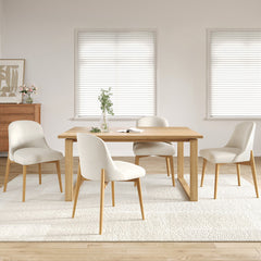 Side Chairs, Set of 2, White Fabric, Natural Wood Legs
