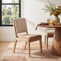 Side Chairs, Set of 2, White Sand Chenille, Tan Solid Wood Legs