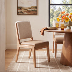 Side Chairs, Set of 2, White Sand Chenille, Tan Solid Wood Legs