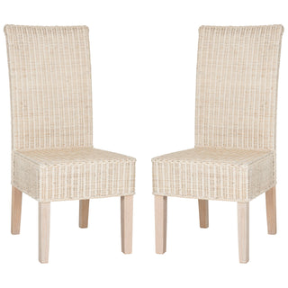 Side Chairs, Set of 2, Wicker Rattan Frame, Solid Wood Legs, White Washed
