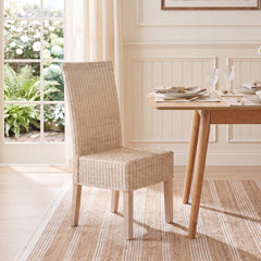 Side Chairs, Set of 2, Wicker Rattan Frame, Solid Wood Legs, White Washed