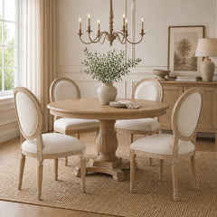 Side Chairs, Set of 4, Beige Linen with Washed Oak Legs