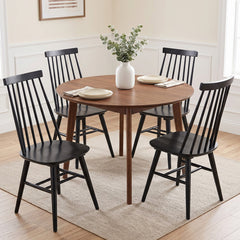 Side Chairs, Set of 4, Black Solid Wood with Windsor Back