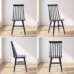 Side Chairs, Set of 4, Black Solid Wood with Windsor Back