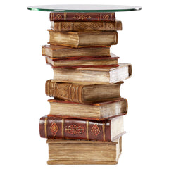 Side Table, 16 in Round with Glass Top, Brown Resin Book Stack