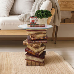 Side Table, 16 in Round with Glass Top, Brown Resin Book Stack