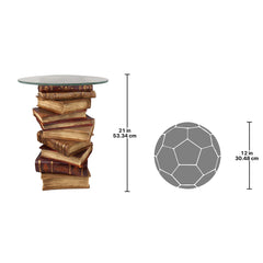 Side Table, 16 in Round with Glass Top, Brown Resin Book Stack