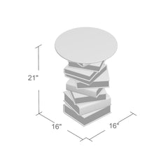 Side Table, 16 in Round with Glass Top, Brown Resin Book Stack