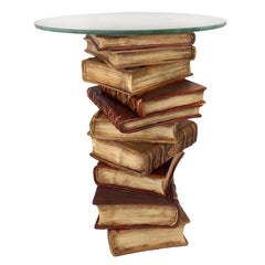 Side Table, 16 in Round with Glass Top, Brown Resin Book Stack