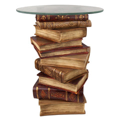 Side Table, 16 in Round with Glass Top, Brown Resin Book Stack