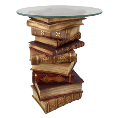 Side Table, 16 in Round with Glass Top, Brown Resin Book Stack