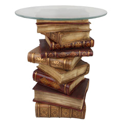 Side Table, 16 in Round with Glass Top, Brown Resin Book Stack