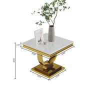 Side Table, Faux Marble Top, 22.8 Inch Square, White Top, Gold Base