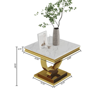 Side Table, Faux Marble Top, 22.8 Inch Square, White Top, Gold Base