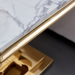 Side Table, Faux Marble Top, 22.8 Inch Square, White Top, Gold Base